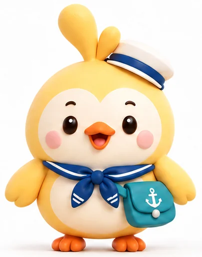 白いセーラー帽と紺のスカーフ、イカリ付きバッグを身に着けたアピロウ