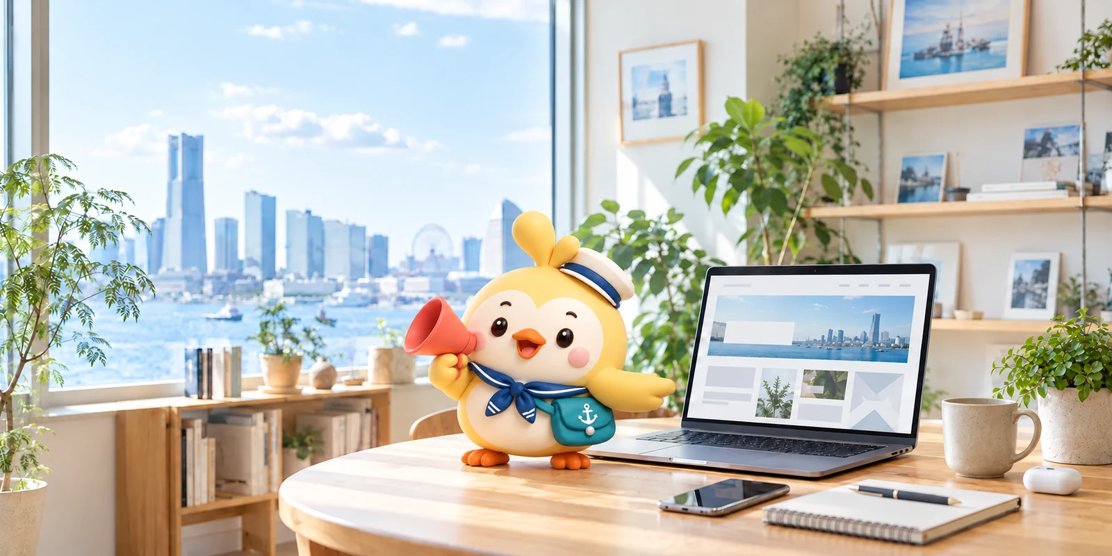横浜の港を望む明るい仕事場で、メガホンを持つアピロウとホームページを表示したノートパソコン
